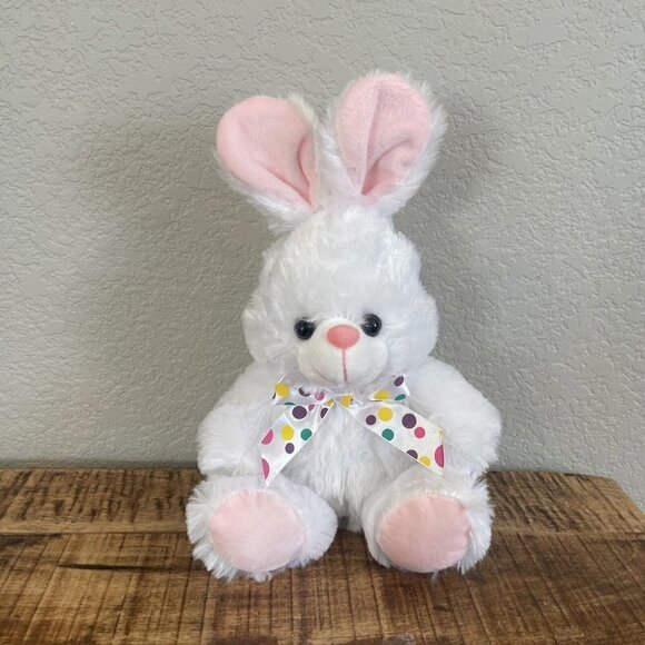 MEGA TOYS WHITE PINK BUNNY RABBIT PLUSH STUFFED ANIMAL POLKA DOT RIBBON TOY 12” - Picture 2 of 10